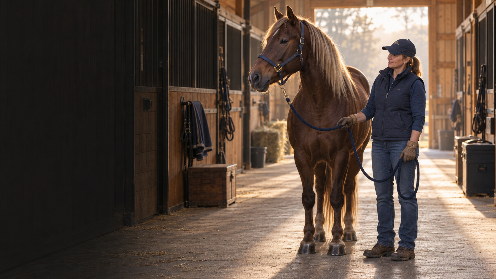 A calm horse and handler standing safely in a tidy barn aisle